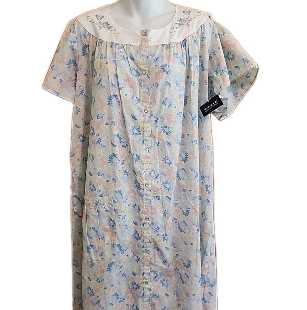 NWT Vintage Embroidered House Dress Pink/Blue Floral Pearl Snaps Size XL K-Mart